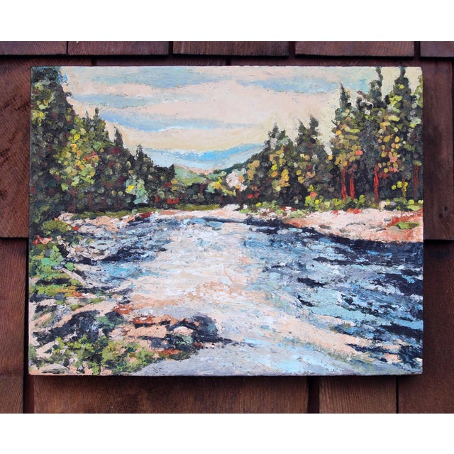 Contemporary Wenatchee River by Carrie Goller | Oil and Cold Wax on Wood Panel Landscape of a river with trees For Sale - Image 3 of 3