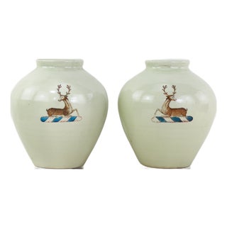 Pair of Chinese Export Celadon Porcelain Jars With Hand-Painted Stag Crest For Sale