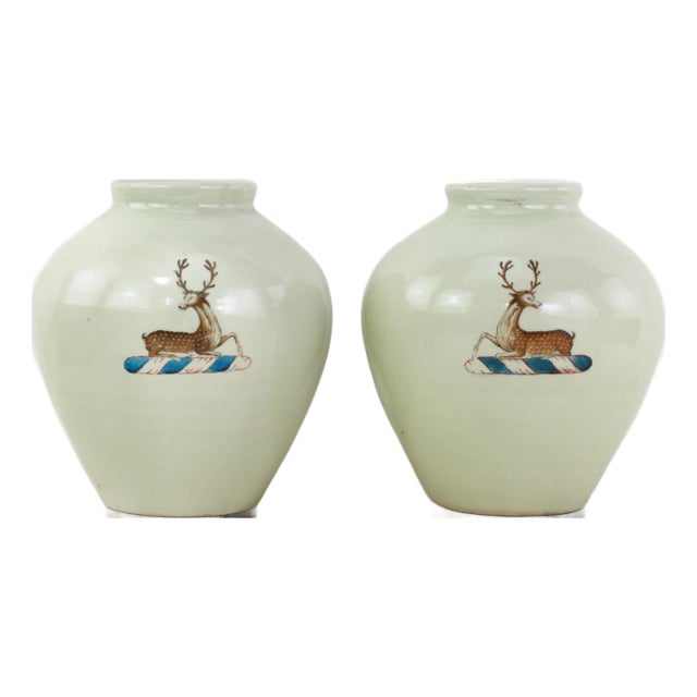 Pair of Chinese Export Celadon Porcelain Jars With Hand-Painted Stag Crest For Sale