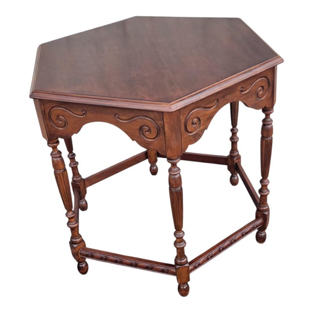 Traditional 1940s Vintage American Cherry Center Table Carved Traditional For Sale - Image 3 of 17