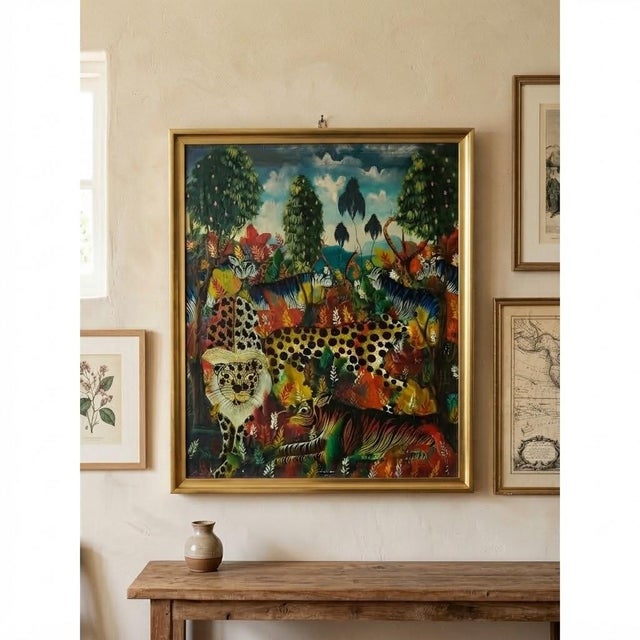 Vintage Smith Blanchard Folk Art Jungle Wildlife Framed Painting For Sale - Image 4 of 9