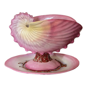 Antique 19th Century Wedgwood Pearlware Centerpiece - Pink Nautilus Sea Shell Compote Tureen With Clam Shell Under Tray