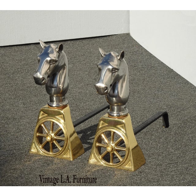 Gold Brass and Silver Cast Iron Horse Equestrian Andirons - a Pair For Sale - Image 13 of 13