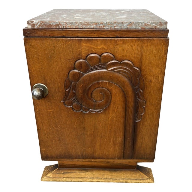 Antique French Art Deco Oak Bedside Table with Marble Top For Sale