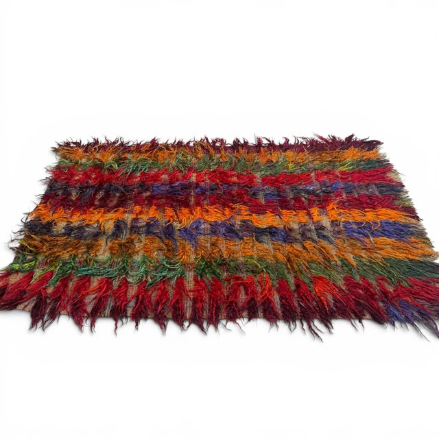 1930s Antique Filikli Tulu Rug 3x5 – Konya Long Pile Vertical Stripes in Red, Brown, Blue & Green For Sale - Image 5 of 5