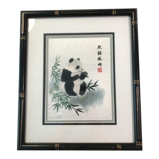 Asian Inspired Framed Panda Stitched on Silk Fabric For Sale
