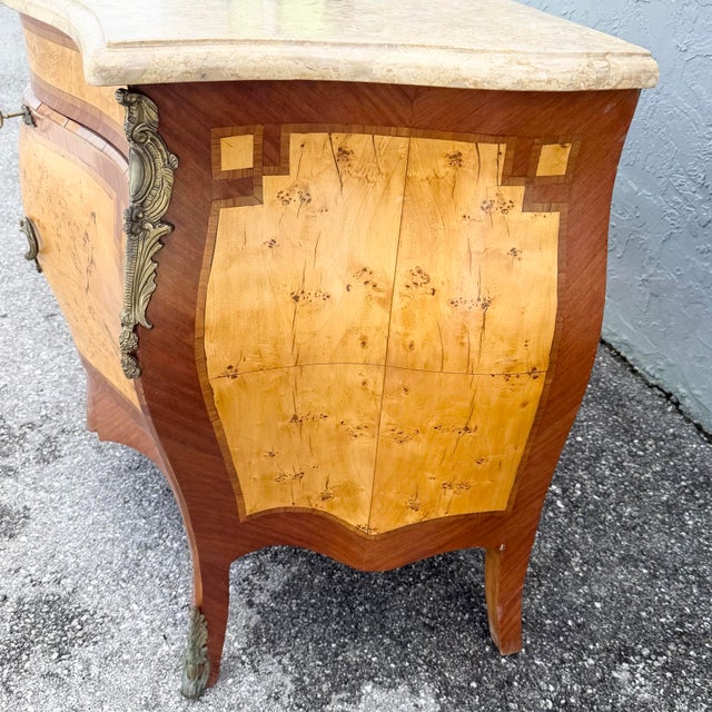 French Style Wood Inlaid Marble Top Bombe Sideboard For Sale In West Palm - Image 6 of 11