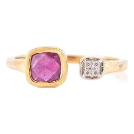 18k Yellow Gold Cushion Cut Ruby & Diamond Open Ring Size 6 For Sale
