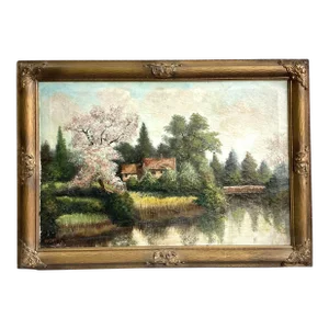 Early 20th Century Large Landscape With Cherry Blossoms Painting on Canvas Signed M.P.Chin, Framed
