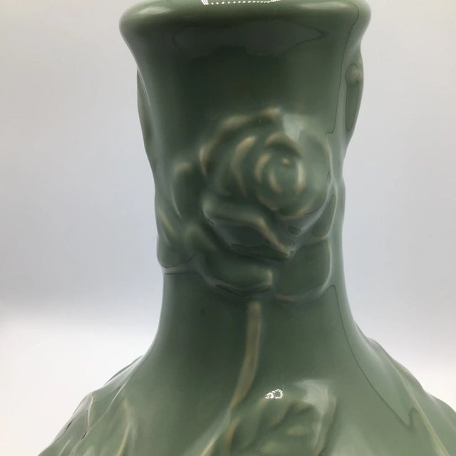 Vintage Celadon Style Climbing Rose Pattern Porcelain Vase For Sale - Image 11 of 13