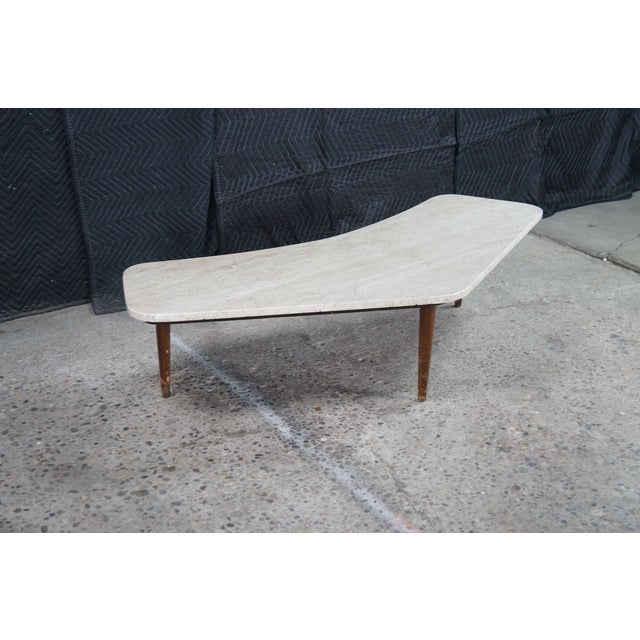 Wood Mid Century Modern Sculptural Travertine Stone Walnut Boomerang Coffee Table MCM For Sale - Image 7 of 15