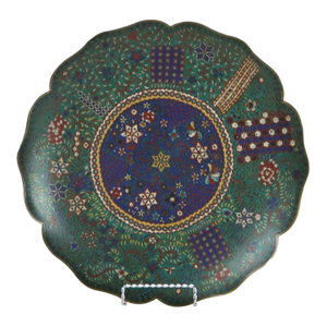 Antique Japanese Cloisonne Scalloped Edge Charger With Geometric Floral Design