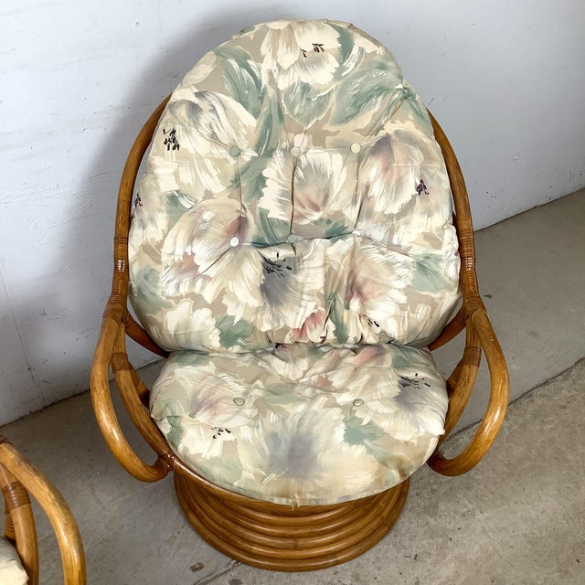 Ficks Reed Pair of Vintage Rattan Swivel Egg Pod Lounge Chairs, Stacked Pedestal Base For Sale - Image 4 of 12
