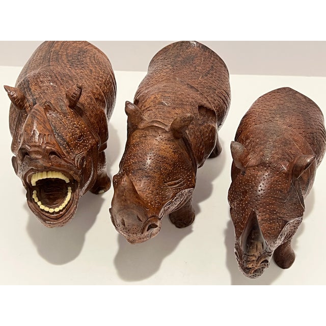 Brown 1970s Set of 3 Hand-Carved Solid Wood Rhinoceros Sculptures, Textured Hide, Inlaid Teeth and Toenails For Sale - Image 8 of 18