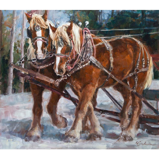 Surefooted Team by Lindsey Bittner Graham | Oil on board Horses pulling a sled in a snowy landscape. For Sale