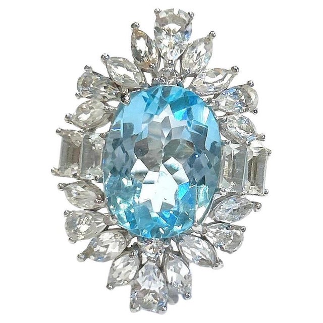 Bochic "Capri" Vintage Blue Topaz Ring Set In 18K White Gold & Silver For Sale - Image 15 of 18
