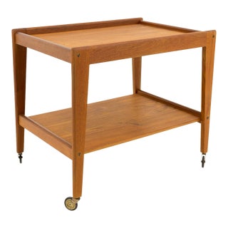 Vintage Mid Century Modern Danish Teak Rolling Tea Bar Cart For Sale