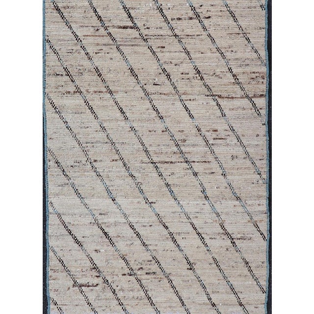 Modern Hand-Knotted Runner in Wool With Linear Design in Blue & Neutral Tones For Sale - Image 4 of 12
