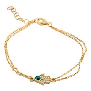 Minimalist Sparkly Hamsa Hand & Evil Eye Gold Bracelet For Sale