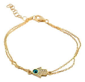 Minimalist Sparkly Hamsa Hand & Evil Eye Gold Bracelet