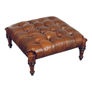 Ralf Lauren Style Tufted Crocodile Embossed Leather Ottoman For Sale