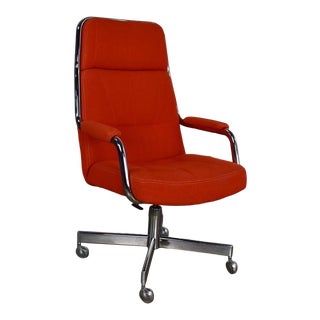 Modern Chromcraft Adjustable Armed High Back Rolling Office Chair in Orange Hopsack Fabric For Sale