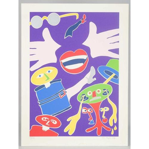 Tom Krøjer (1942–2015) Color lithograph. Playful and imaginative composition with surreal figures, hands, a mouth, and...