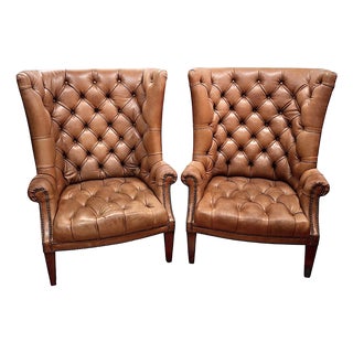Pair of High-Back, Barrel-Shape Tufted Leather Armchairs With Brass Nailhead Trim For Sale