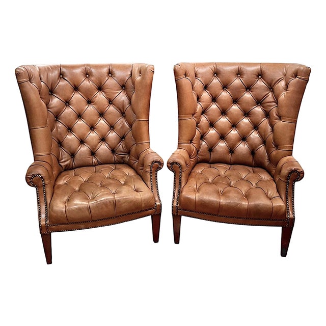 Pair of High-Back, Barrel-Shape Tufted Leather Armchairs With Brass Nailhead Trim For Sale