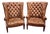 Pair of High-Back, Barrel-Shape Tufted Leather Armchairs With Brass Nailhead Trim For Sale