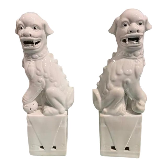 1980s Chinese White Ceramic Fu Dogs - a Pair For Sale