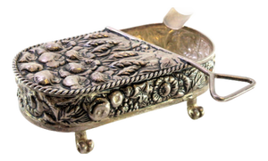 Tin Can-Shaped Silver Ashtray with Floral Motifs and Twisted Feet