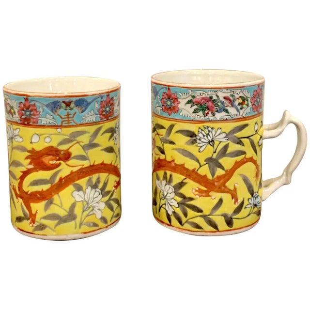 19th Century Chinese Export Famille Verte Yellow Dragon Motif Mugs - a Pair For Sale - Image 11 of 11