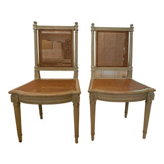 French Neoclassical Distressed Painted and Cane Chairs - a Pair For Sale