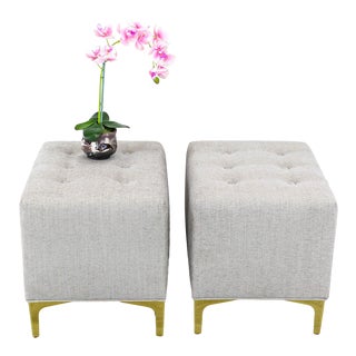 Cream Chenille Ottoman on Brass Feet, of Cream Ottomans, Cream Benches - a Pair For Sale