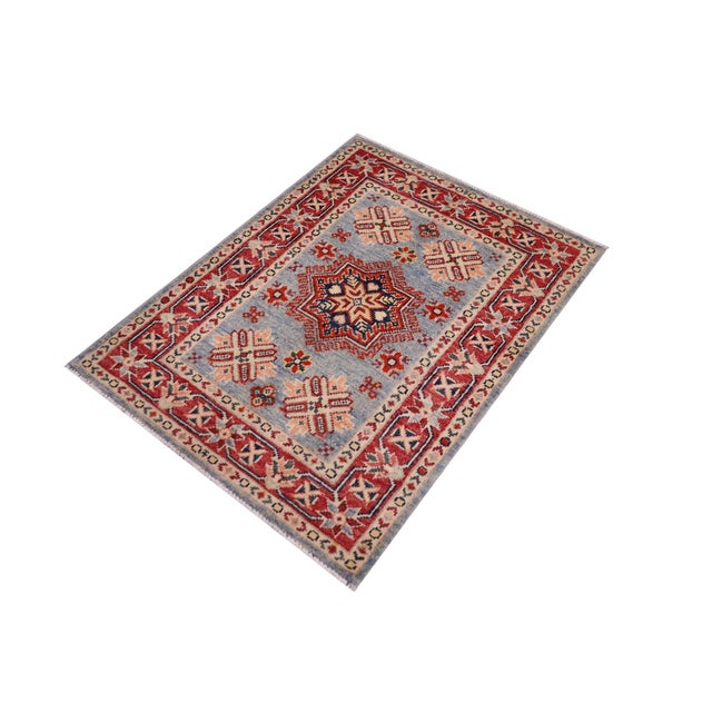 Boho Chic Kazak Tribal Light Blue/Red Wool Rug - 2'0''x3'0'' For Sale - Image 10 of 10