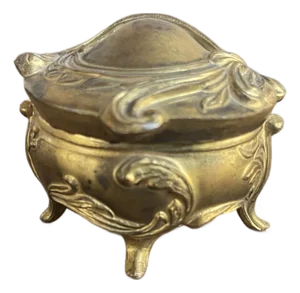 1920s Art Nouveau B&w Footed Gold Leaf Jewelry Heart Flower Trinket Box With Lid