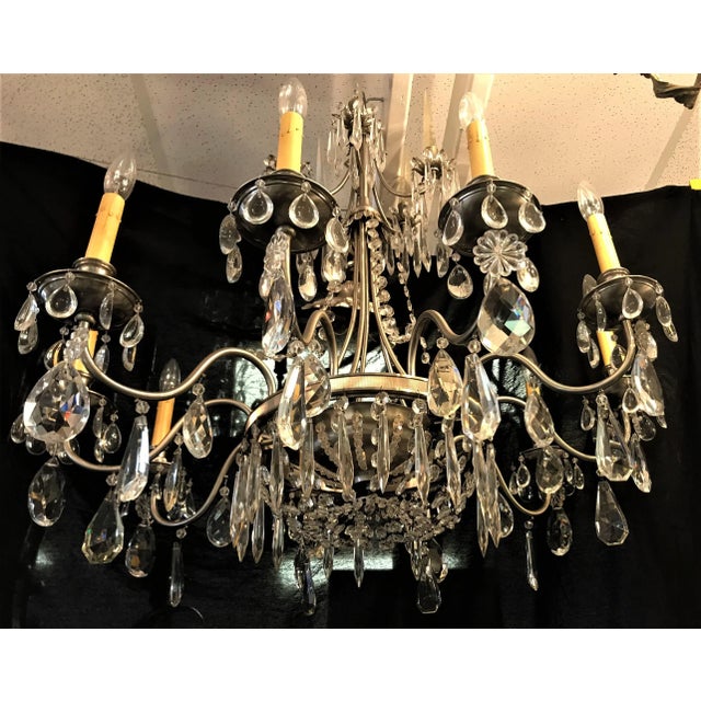 Vintage Ten Arm Nickel and Crystal Chandelier For Sale - Image 11 of 13
