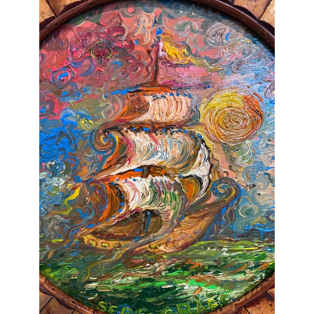 Abstract Expressionism Serg Graff “Golden Voyage” Original Oil Painting Ship at Sea Round Wood Frame For Sale - Image 3 of 7