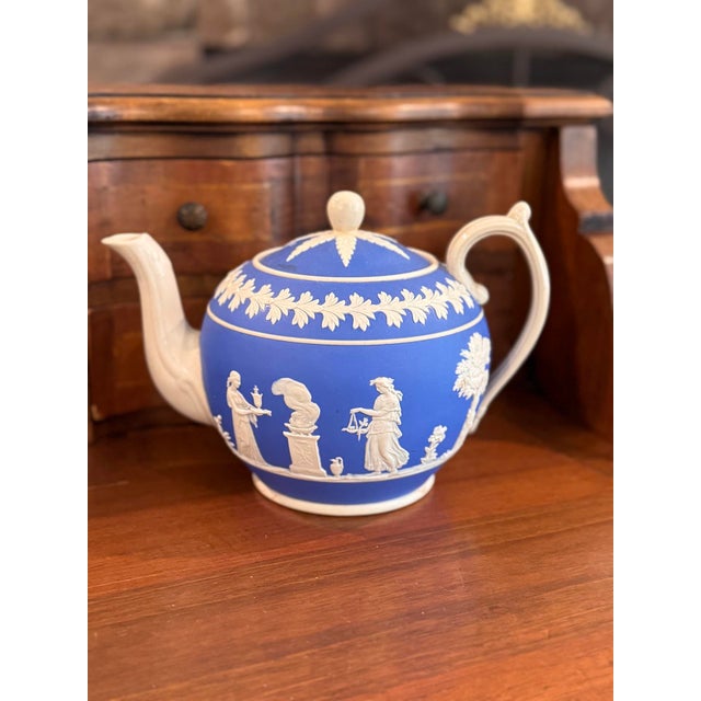 Victorian Early 20th Century Copeland Spode Jasperware Style Antique Blue and White Teapot For Sale - Image 3 of 13
