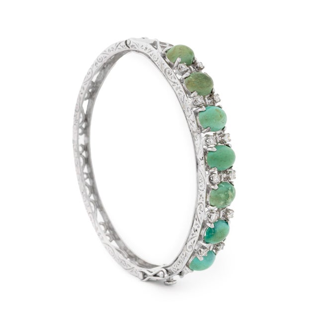 Metal 14k White Gold Turquoise Diamond Bangle For Sale - Image 7 of 8