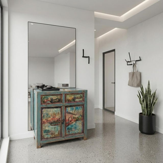 Chinese Distressed Turquoise Blue Old Graphic Credenza Cabinet For Sale - Image 9 of 11