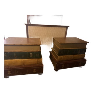 Pair of Vintage Hollywood Regency Trompe l'Oeil Stacked Book Side Tables With Drawers For Sale