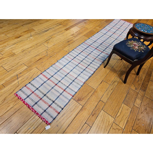 Vintage American Rag Runner, Handwoven Wool & Cotton, Indigo Stripe Pattern, 2x11 For Sale - Image 10 of 12