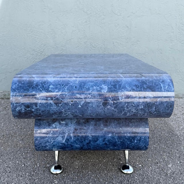 Postmodern Bullnose Faux Blue Marble Coffee Table on Chrome Legs For Sale - Image 4 of 7