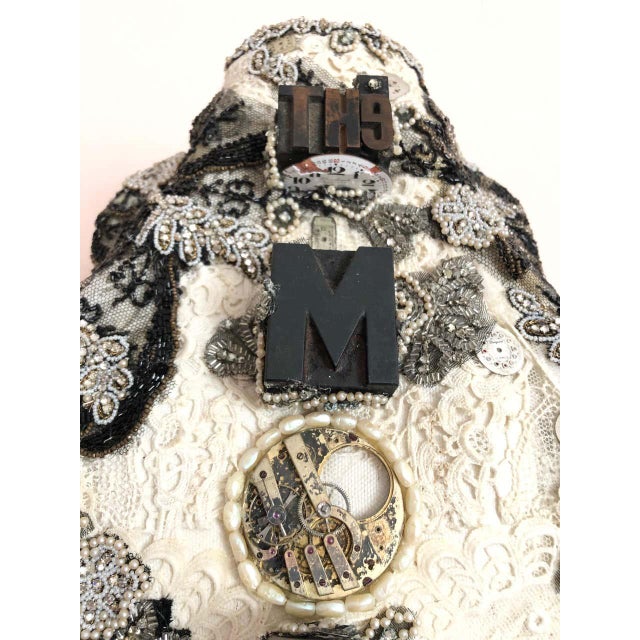 Large Mixed Media Skull Sculpture With Lace and Pearls For Sale - Image 11 of 13