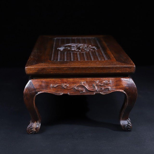 Chinese Vintage Chinese Huali Rosewood Carved "Double Dragons & Longevity" Kang Table / Display Stand For Sale - Image 3 of 10