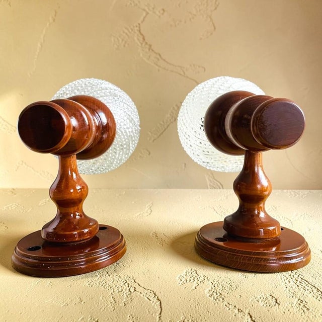 Portuguese Rustic Wood and Glass Wall Sconces, 1990s, Set of 2 For Sale - Image 4 of 11