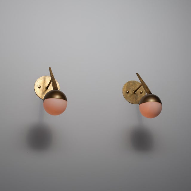 1950s Vintage Italian Brass and Opaline Glass Globe Wall Sconces, 1950s, Set of 2 For Sale - Image 5 of 11