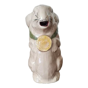 Early 1900s French Majolica Rabbit Pitcher With 1900 Medal